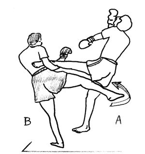 상대의 다리 발차기를 잡아 상대의 지지 다리를 넘어뜨리는 기술.