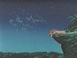 심바가 절벽에 엎드리자, 하늘을 나는 먼지가 "SFX" 모양을 닮았다.