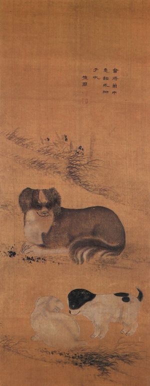 단원 김홍도의 영모화, 한가로이 노는 두 마리의 강아지들을 자애로운 눈빛으로 바라보는 어미개를 그렸다.