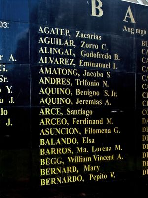 케손 시티에 있는 반타요그 응 마가 바야니의 기억의 벽 상세, 니노이 아키노를 포함한 반타요그 명예 헌정자 첫 번째 배치의 이름이 표시되어 있습니다.