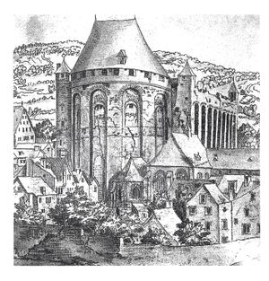 중세 시대의 아울라 팔라티나. 흉벽과 탑이 추가되었다.