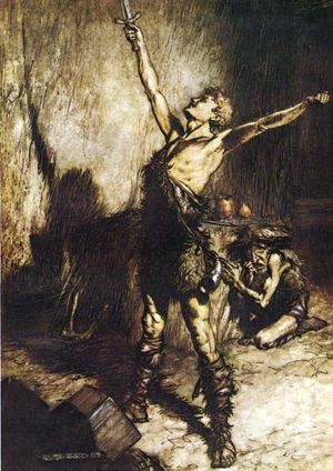 노퉁을 단련하는 지크프리트를 보고 놀라 겁먹는 미메