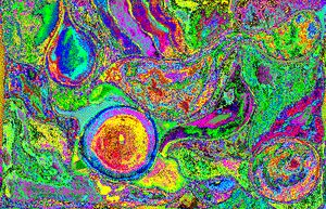 버블은 수채화 물감을 사용하여 만들어진 다음 컴퓨터로 스캔했다. 그런 다음 소프트웨어 이미지 도구를 사용하여 색상을 조작했다.