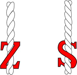 왼쪽이 Z 트위스트(왼쪽 꼬임), 오른쪽이 S 트위스트(오른쪽 꼬임)