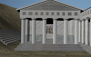 데스포이나 신전의 원근 재구성: 데메테르(L)와 데스포이나(R)의 아크로리틱 조각상이 켈라의 축척에 맞춰 보인다