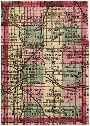 1885년 켄트군의 공공 토지 측량 시스템 측량으로, 24개의 명명된 타운십과 구획 분할을 보여준다.