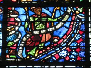 성 요셉의 창, 베이 9. (13세기) 유리는 아티스트가 성인 앞에서 띠에 서명했다: "샤르트르의 유리 제작자 클레멘트"