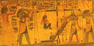 관에 그려진 심장 계량 장면에서 메스케네트가 출산 벽돌로 묘사됨