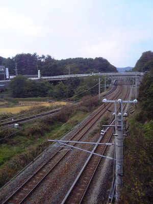 시나노 철도선과 고우미선의 합류점. 육교를 지나자마자 오토메역이 있다 (2009년 10월)