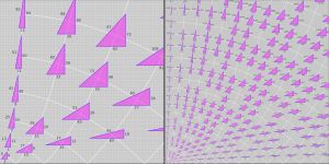 그래프에서 삼각형으로 표시된 원시 피타고라스 삼조. 홀수 다리는 가로 축에, 짝수 다리는 세로 축에 표시된다.
