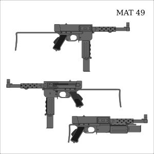 MAT-49: 좌우 모습; 개머리판이 접힌 상태 및 탄창 안전 위치