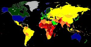 2023년 국가 또는 지역별 1인당 명목 GDP를 색상으로 구분한 지도