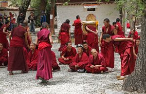 수도원 세라에서 토론하는 승려