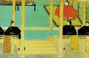 『코마키소 고교 그림 두루마리』에서 도궁과 우측에 좌대신 요리미치, 앞의 왼쪽은 우대신 사네스케