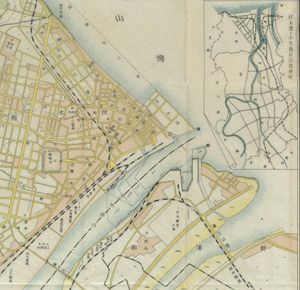 1935년 후시키역 및 신미나토선 주변 개황. 전용선 모습 확인