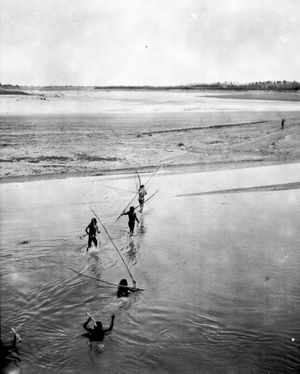 1908년 필코마요 강을 건너는 그물로 고기를 잡는 현지 어부들.