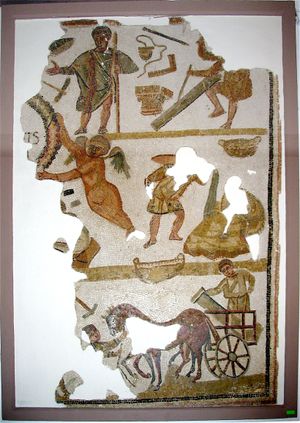 벽돌공이 작업하는 로마 기독교 모자이크 (4세기)