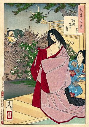 월강방년 『월백자』(19세기 말) 37 '엿보는 달 가호'. 『가나데혼 충신장』에서 시오야 다카사다(＝아사노 나가노리) 부인의 가오요 고젠의 나체를 엿보는 고노 모로나오(＝키라 요시히사)의 모습.