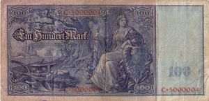 금 마르크 시대의 독일 제국 은행권(Reichsbanknote) 100마르크 지폐에 그려진 게르마니아