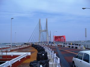 왼쪽이 신교로, 사장교 부분이 잠정적으로 사용되었을 당시에는 신·구 두 개의 다리를 건넜다. 오른쪽의 붉은 트러스는 해체 전의 구교.