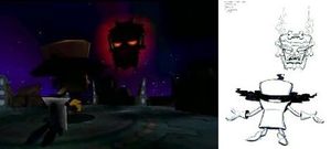 인트로 시퀀스의 샷 디자인과 애니메이션(왼쪽)은 코텍스가 우카 우카의 용서를 구걸하는 감정 스케치(오른쪽)에서 영감을 받았다.