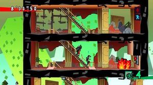 ESC 씨(빨간 넥타이를 한 사람)가 붕괴되는 건물에서 다른 성인이 근처에서 기다리는 동안 부상자를 계단 아래로 옮기고 있다. Xbox Live Arcade 버전의 이미지.