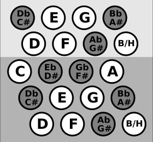 크로마틱 버튼 시스템(B형), 일반적으로 모스크바 시스템이라고 불림; 대부분의 러시아 바얀은 이 시스템을 사용함