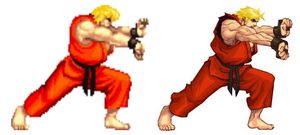 쌍선형 보간법을 통해 업스케일된 슈퍼 스트리트 파이터 II의 켄(왼쪽)과 슈퍼 스트리트 파이터 II 터보 HD 리믹스 버전의 초기 프로토타입(오른쪽)