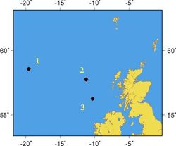 브렌트 스파 침몰을 고려한 지역. 1. 모리 해협. 2. 노스 페니 능선. 3. 로컬 해구.
