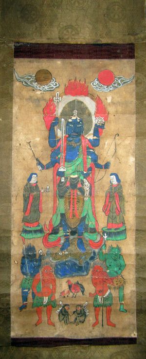 에도 시대의 족자 그림. 위에서부터: 일월, 청면금강, 두 동자, 두 닭, 청면금강을 따르는 사야차, 원숭이