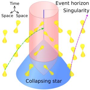 중력 붕괴로 별이 블랙홀이 되는 순간 근처의 광원뿔. 자주색 파선은 별 표면에서 발산되는 빛의 궤적, 녹색 일점쇄선은 특이점으로 떨어지는 빛의 궤적.