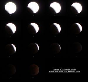 캐나다 온타리오주 할튼힐스에서 관측된 월식. UTC 01:47부터 03:15까지, 각 이미지는 대략 5분 간격으로 촬영됨.