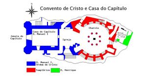 청색 부분은 마누엘 1세 시대에 건설된 부분. 적색은 템플 기사단 시대, 녹색 부분은 엔히크 항해왕자 시대에 건설된 것을 나타낸다.