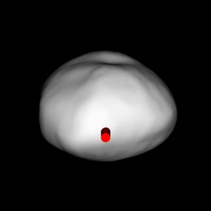 북위 20°에서 본 프시케 형상 모델의 애니메이션. 빨간색 말뚝은 경도 0°를 나타낸다.
