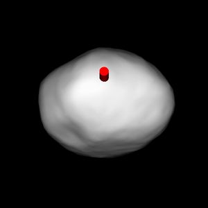 남위 20°에서 본 프시케 형상 모델의 애니메이션. 빨간색 말뚝은 경도 0°를 나타낸다.