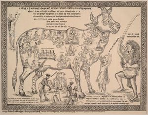 신성한 소를 도살하려는 칼리(오른쪽 끝)를 묘사한 반 쇠고기 섭취 팸플릿 (1890년)