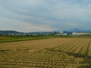 수확 후의 논과 이와가사키의 마을(2005년 10월)