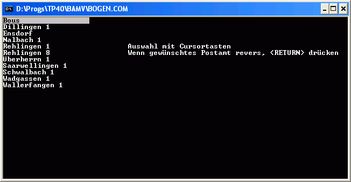 커서 키 또는 마우스로 선택하는 텍스트 기반 메뉴(독일어)