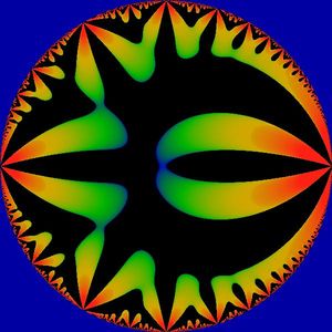  q에 대한 G_6의 실수 부분, 단위 원판. 음수는 검은색이다.