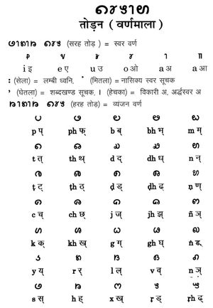 톨롱 시키 문자(굵게), 데바나가리 문자와 라틴 문자 옆에 위치