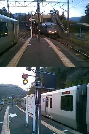 위는 미야자키 방면. 특급 기리시마호와 교행 중. 과선교가 후방에 보인다. 아래는 가고시마 방면.