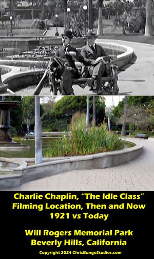 1921년 영화 게으른 학급의 찰리 채플린. 캘리포니아주 비벌리힐스에 있는 윌 로저스 기념 공원에서 촬영되었으며, 사진은 현재 같은 장소의 모습이다.