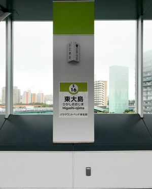 홈에 있는 행정 구역 표와 역명판 (2019년 8월)