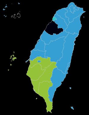 직할시장과 현(縣) 시장 선거 결과. 정당별 분포 지도. 국민당(14) 민진당(5) 민중당(1) 무소속(2)