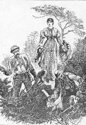 "Unconscious of her presence, he still went on singing." Eustacia watches Clym cut furze in this illustration by Arthur Hopkins for the original Belgravia edition (Plate 8, July 1878).