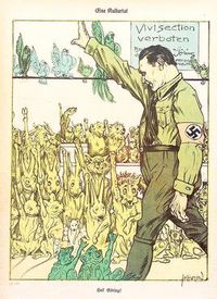 생체 해부를 금지하라는 헤르만 괴링의 명령에 대해 나치 경례를 하는 실험 동물. 풍자 잡지 클라더라다치의 1933년 9월 만평.