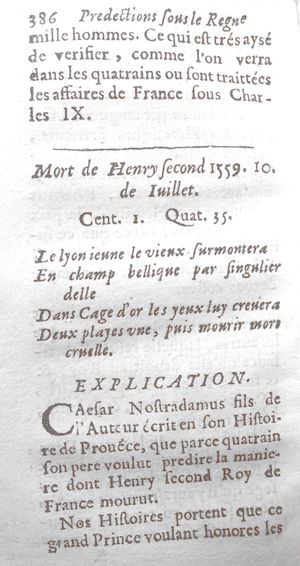 1656년에 간행된 주해서에 실린 앙리 2세의 죽음을 해석한 페이지. 4행을 묶어 다룬 최초의 해석이다.