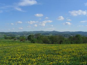 베스니츠 계곡에서 바라본 하르트베르크(송신탑 포함), 괴첸슈타인, 키셀부슈 산(왼쪽부터).