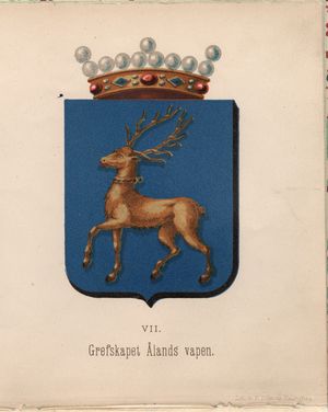 1889년 칼 보만손의 올란드 문장. 보석 칼라를 착용한 사슴이 묘사됨