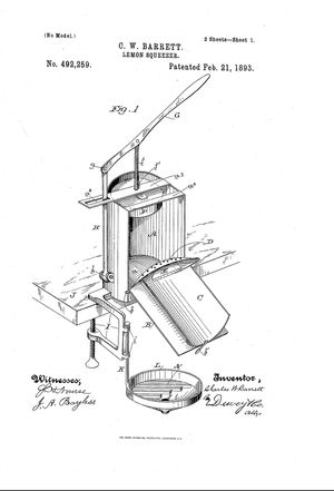 1893년 바렛(Barrett)의 레몬 짜개 특허 도면